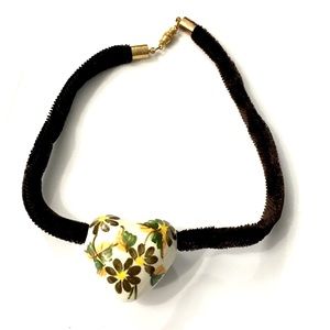 🔥🔥Painted Floral Ceramic Heart on Rope Necklace